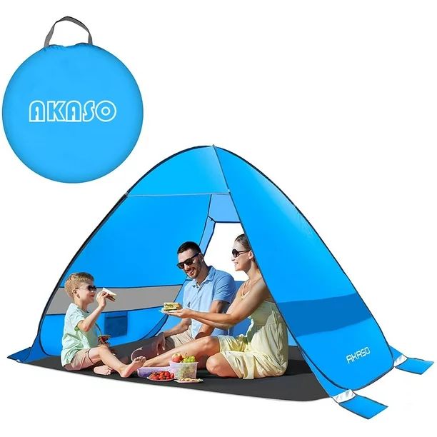 AKASO Pop-Up Beach Tent for 3-4 Person, 7.4' x 4.7' Shade Sun Shelter with UV Protectant Coating | Walmart (US)