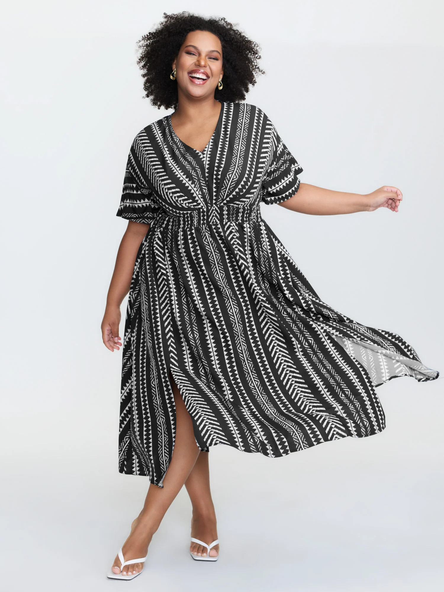 Solid Geometric Dolman Sleeve Pocket Shirred Split Hem Dress | Bloomchic