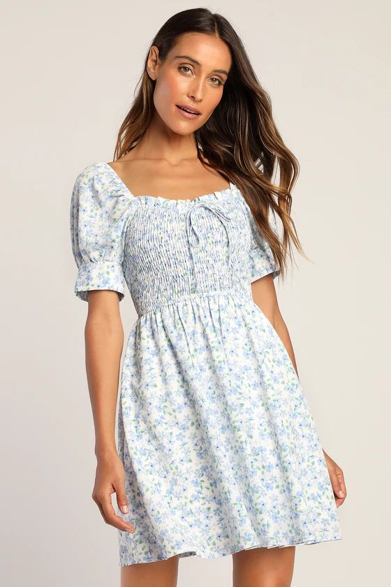 Romantic Reverie White Floral Puff Sleeve Smocked Mini Dress | Lulus (US)