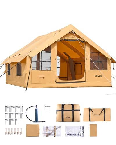 VEVOR Inflatable Tents for Camping, 5-8 Person Easy Setup Blow up Tent with Hand Pump, Luxury Glamping Tent with 2 Skylights, Canopy, Stove Jack 2 Doors & Mesh Windows (Storage Bag Included) | Amazon (US)
