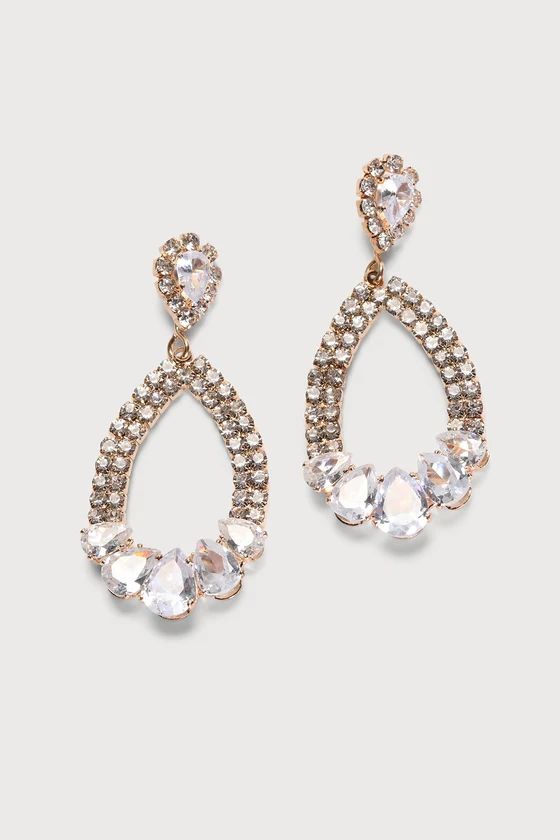 Divine Glitter Gold Rhinestone Teardrop Statement Earrings | Lulus (US)