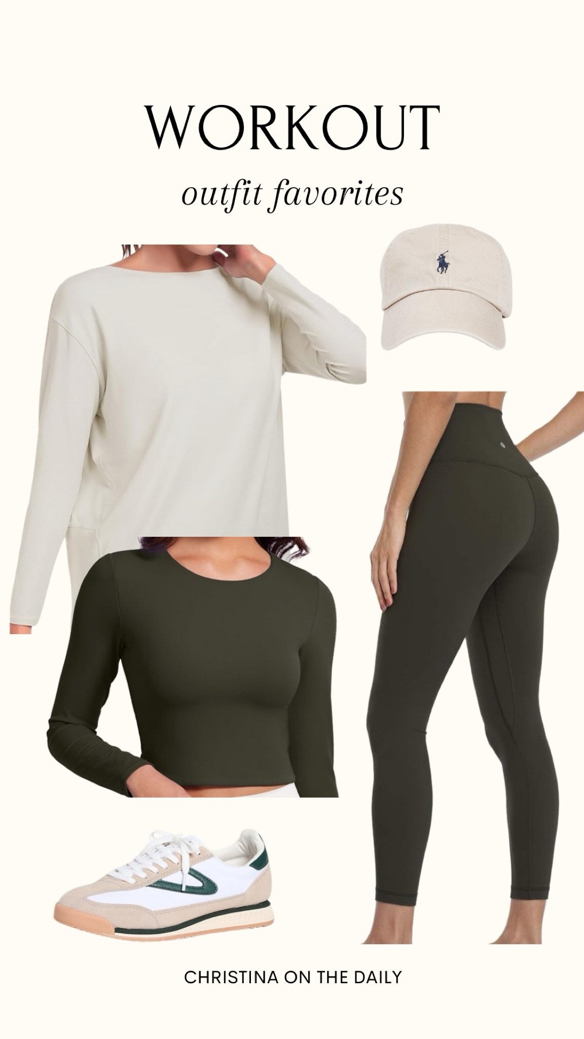 Olive leggings and top are not exact match but similar tones and shades.

I do medium in leggings
Large in olive top
Medium in sand color top but could size up

Sneakers tts