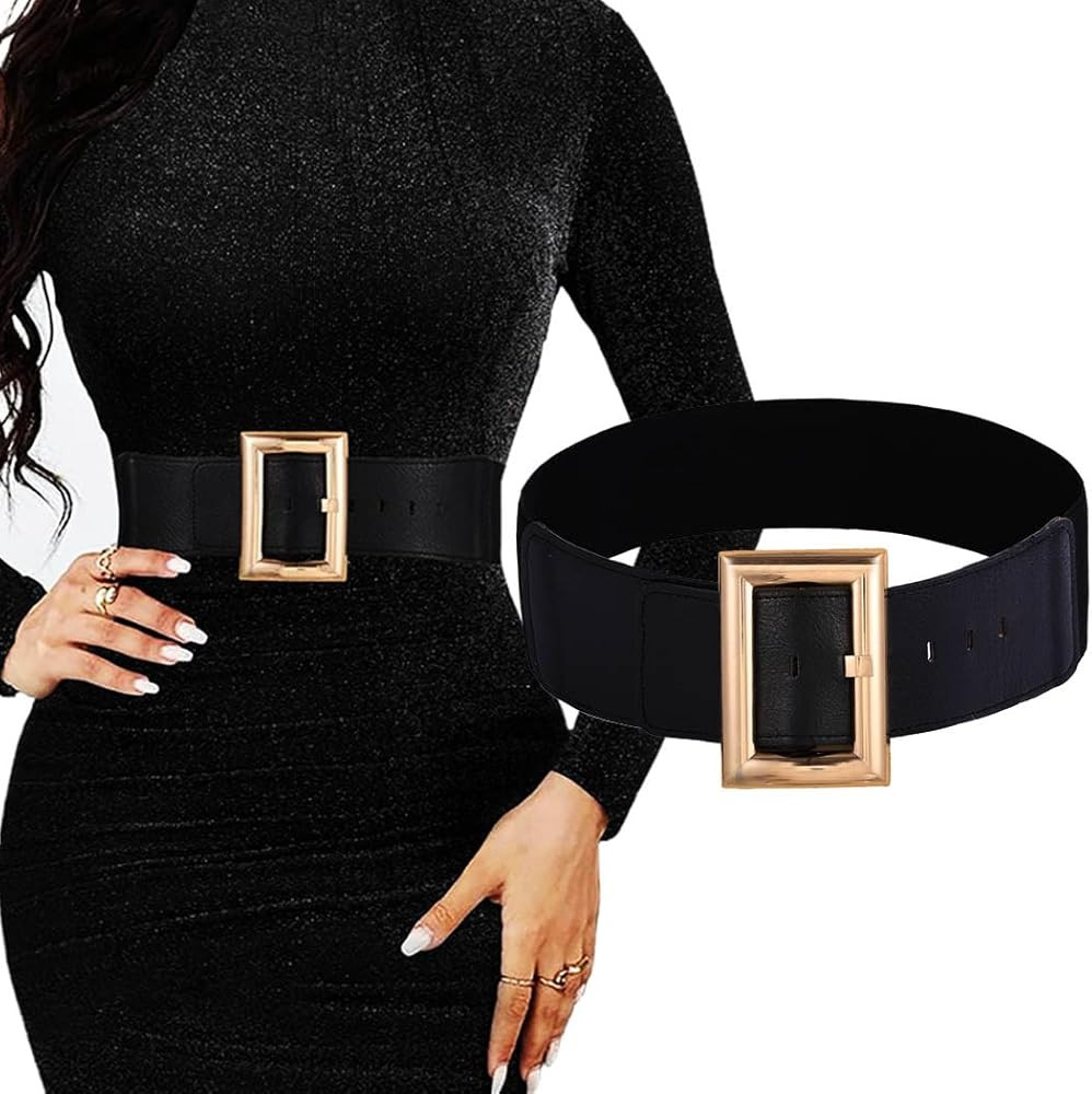 Women Wide Elastic Waist Belt Fashion Stretchy Cinch Belt for Dresses Gold Buckle Leather Belt fo... | Amazon (US)