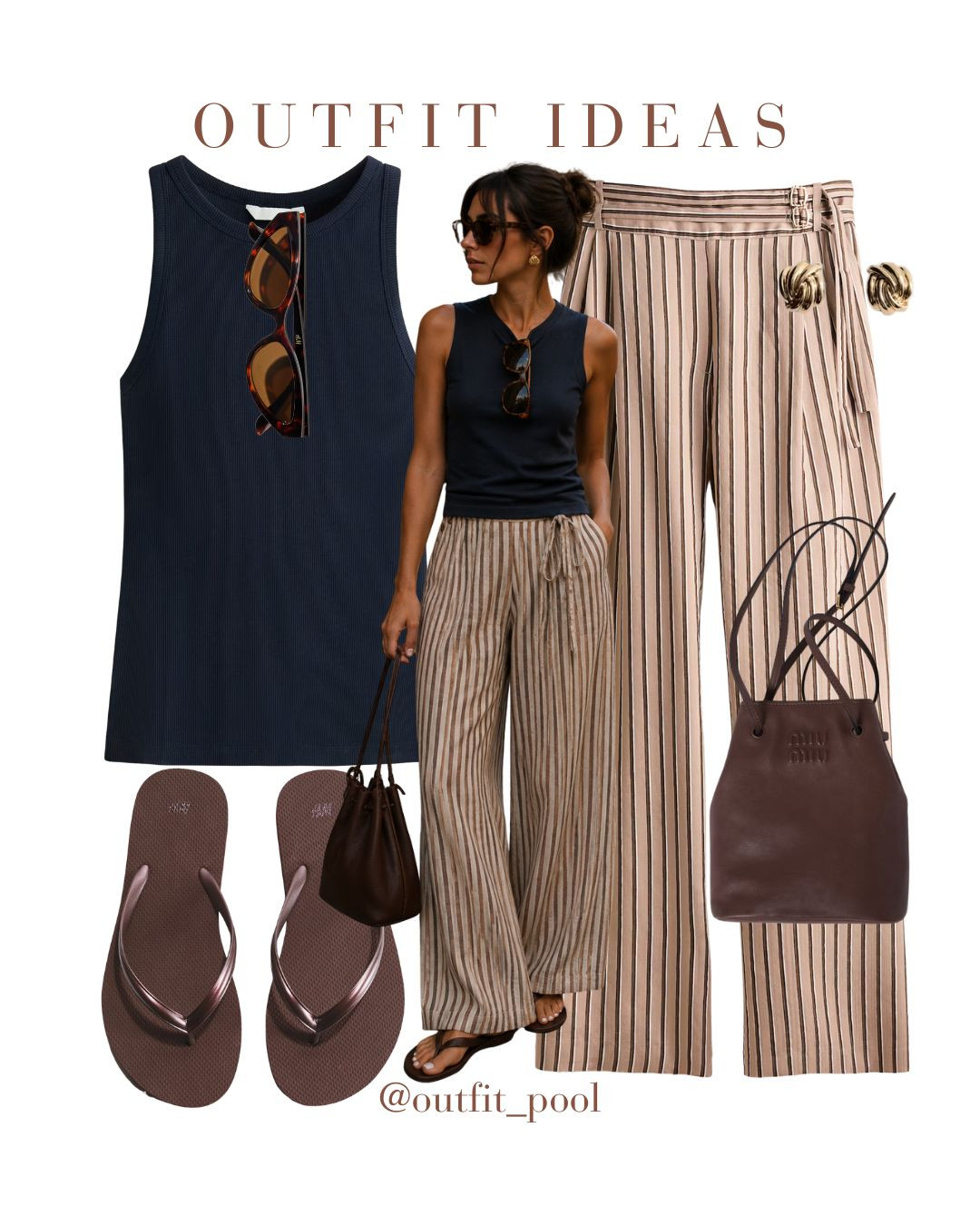 Effortless summer outfit inspo 🤎☀️ Keeping it simple with a navy tank top/brown tank top + striped wide-leg trousers, finished with comfy flip-flops and a mini shoulder bag — the perfect combination for those easy summer days ✨ Minimal, relaxed, and effortlessly chic. Perfect for vacation strolls, coffee runs, lunch dates, or exploring a new city 🌴👜 Sometimes the simplest outfits are the best ones 🤍 To shop this look, comment "link" and I'll DM you, or check the LTK link in bio Link: Link: (striped trousers, striped pants, neutral outfits, Chic Summer Style, Brown Trousers Outfit, Brown Pants Outfit, Neutral Outfit Ideas) 

 #LTKdayinmylife #LTKgrwm #LTKootd