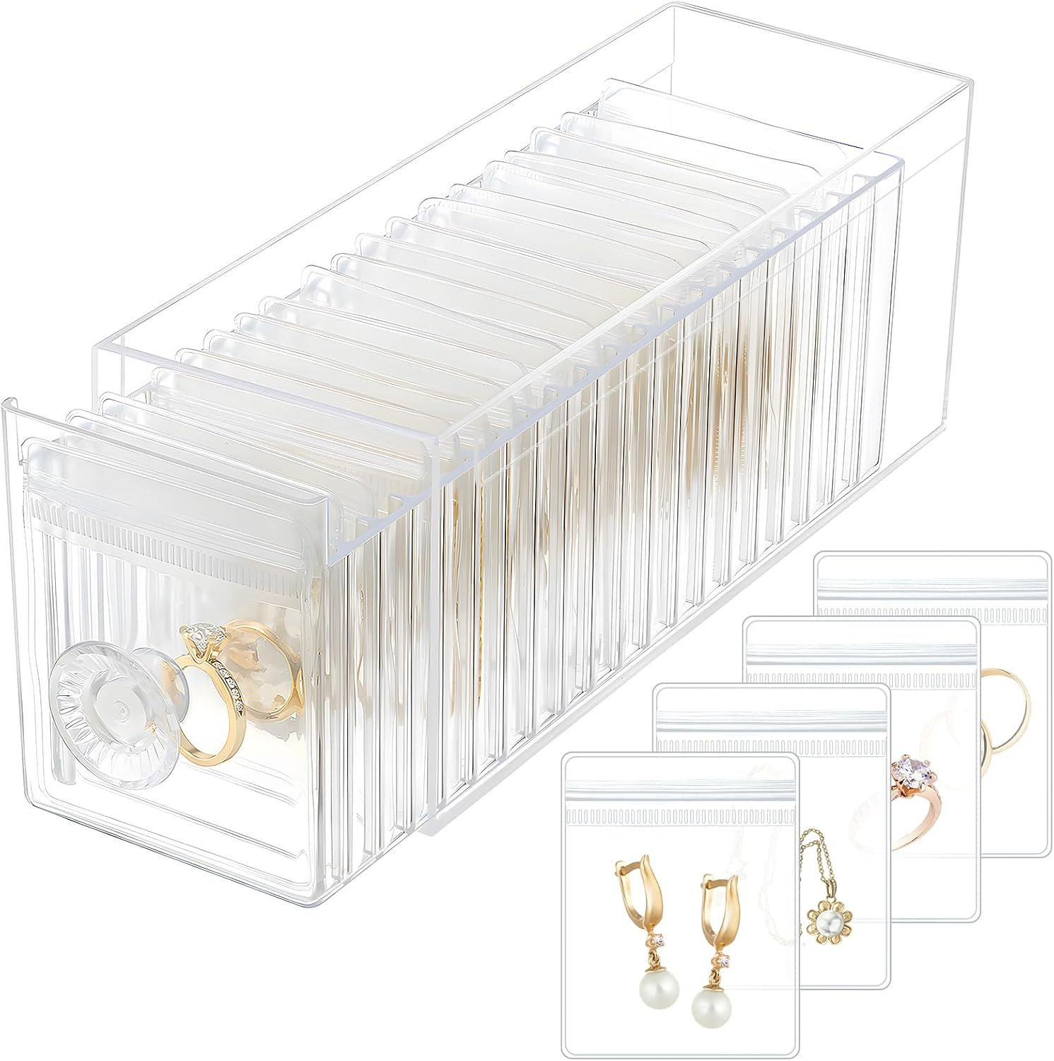 Clear Acrylic Jewelry Organizer Box with 20 Portable Pouches, Jewelry Storage Case for Women Girls, Tangle-Free, Anti-Tarnish, Compact Storage for Necklaces/Earrings/Rings, Upgraded Clear | Amazon (US)