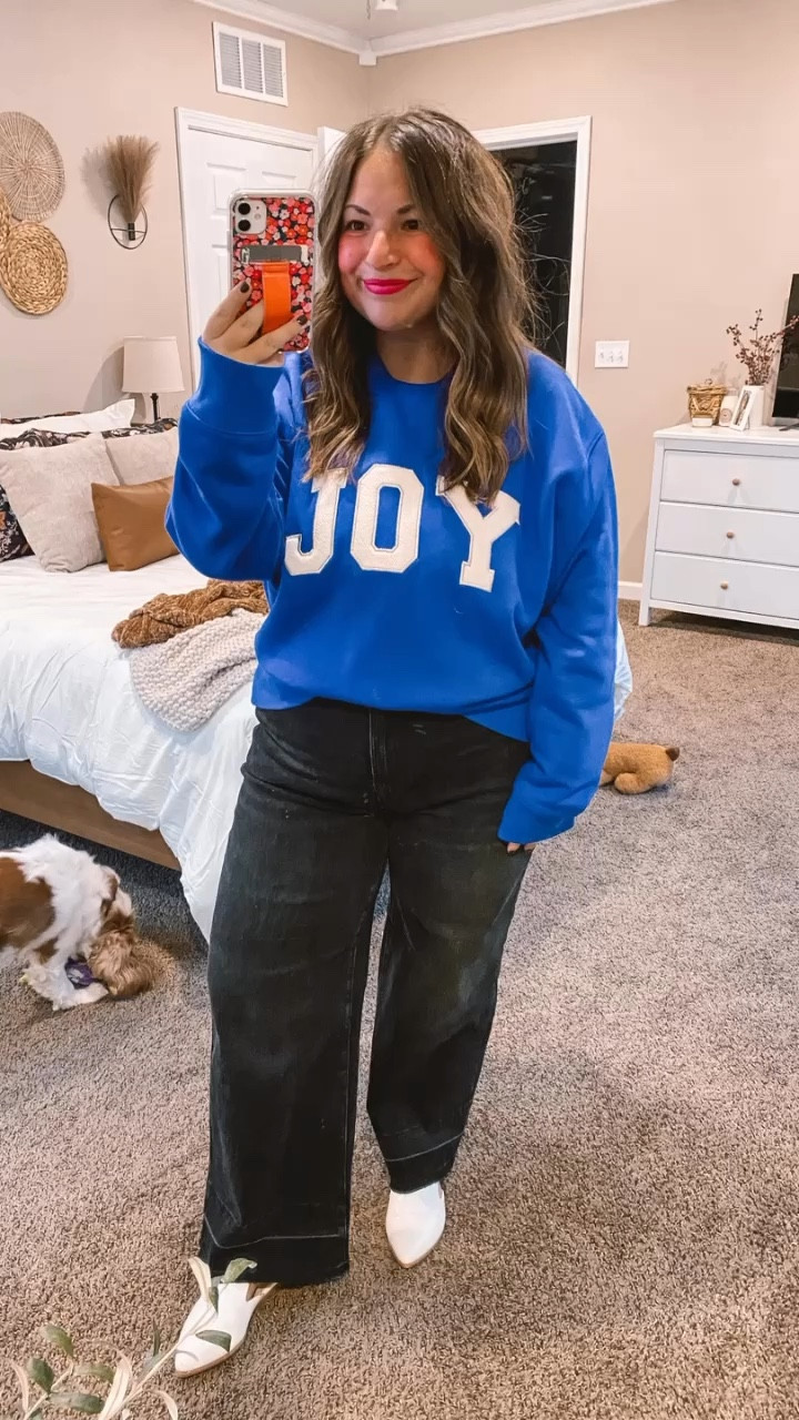 Target has some great Christmas options this season! This joy top is on sale!
mules: fit true to size // wearing a 5
jeans: fit true to size // wearing a 14
crewneck: fits true to size // wearing a large 

 #LTKCyberWeek #LTKGiftGuide #LTKHoliday