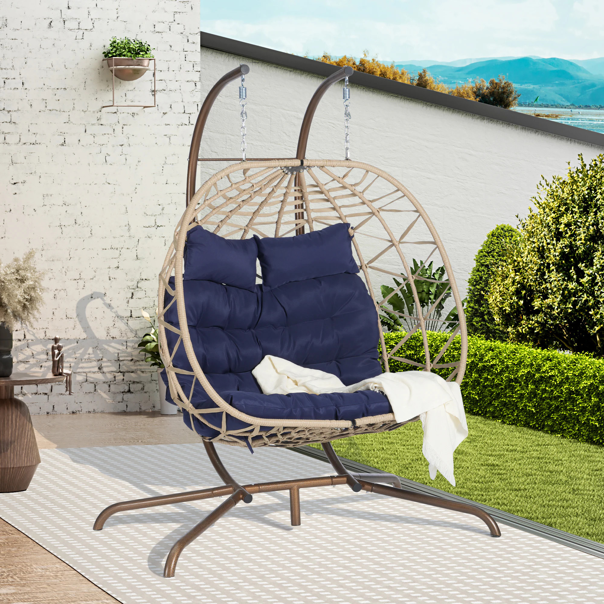 Blisstyle Double Egg Chair with Stand Hanging Indoor Outdoor Wicker Rattan Patio Basket Egg Swing Chair Hammock Egg Chairs with Uv Resistant Cushions | Lowe's