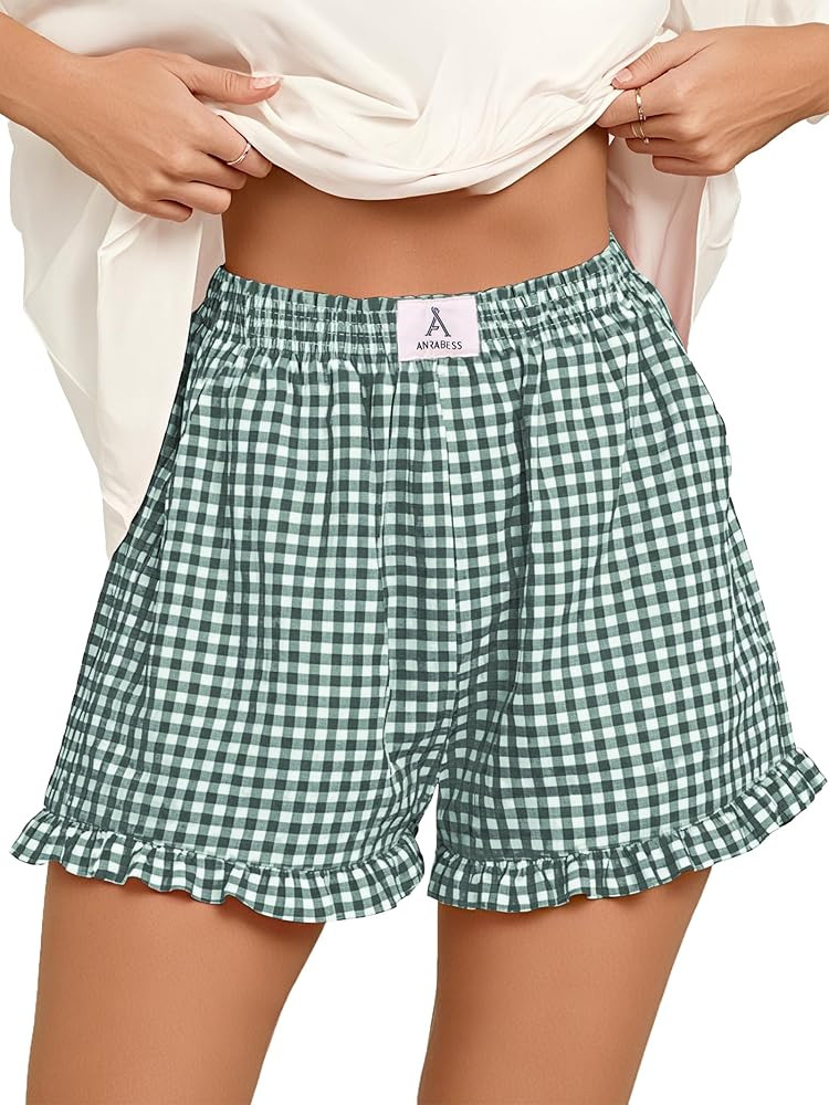 ANRABESS Boxer Shorts for Women,Gingham Plaid Elastic Waist Ruffle,Perfect for Lounge,Pajama&Slee... | Amazon (US)