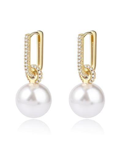 Pearl Earrings for Women 14K Gold Plated Pearl Huggie Drop Dangle Earrings for Women (rectangle hoop+pearl) | Amazon (US)