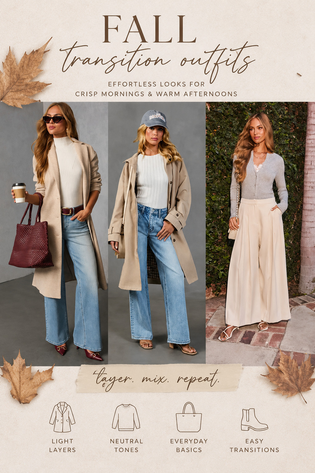 Fall Transition Outfits You'll Wear on Repeat | Chic Layering Ideas for 2026


Your fall wardrobe doesn't need a complete overhaul—just a few timeless layers that work from cool mornings to warm afternoons. 🤎

These effortless fall transition outfits are built around versatile staples you'll reach for again and again:
• Lightweight trench coats
• Neutral knit tops
• Wide-leg denim
• Tailored trousers
• Rich burgundy accessories
• Comfortable everyday shoes

Whether you're grabbing coffee, heading to work, running errands, or meeting friends for lunch, these looks make getting dressed easy while still looking polished.

Everything is linked in my LTK!

What fall staple can't you live without? Let me know in the comments and follow for more wearable outfit inspiration.

#LTKStyle #LTKFall #FallFashion #FallOutfits #TransitionStyle #NeutralStyle #CapsuleWardrobe #EverydayStyle #WideLegJeans #TrenchCoatStyle #FallCapsule #ClassicStyle #EffortlessStyle #MinimalStyle #ChicStyle #FashionOver40 #StyleInspiration #WardrobeEssentials #AutumnFashion #LTKFinds 

 