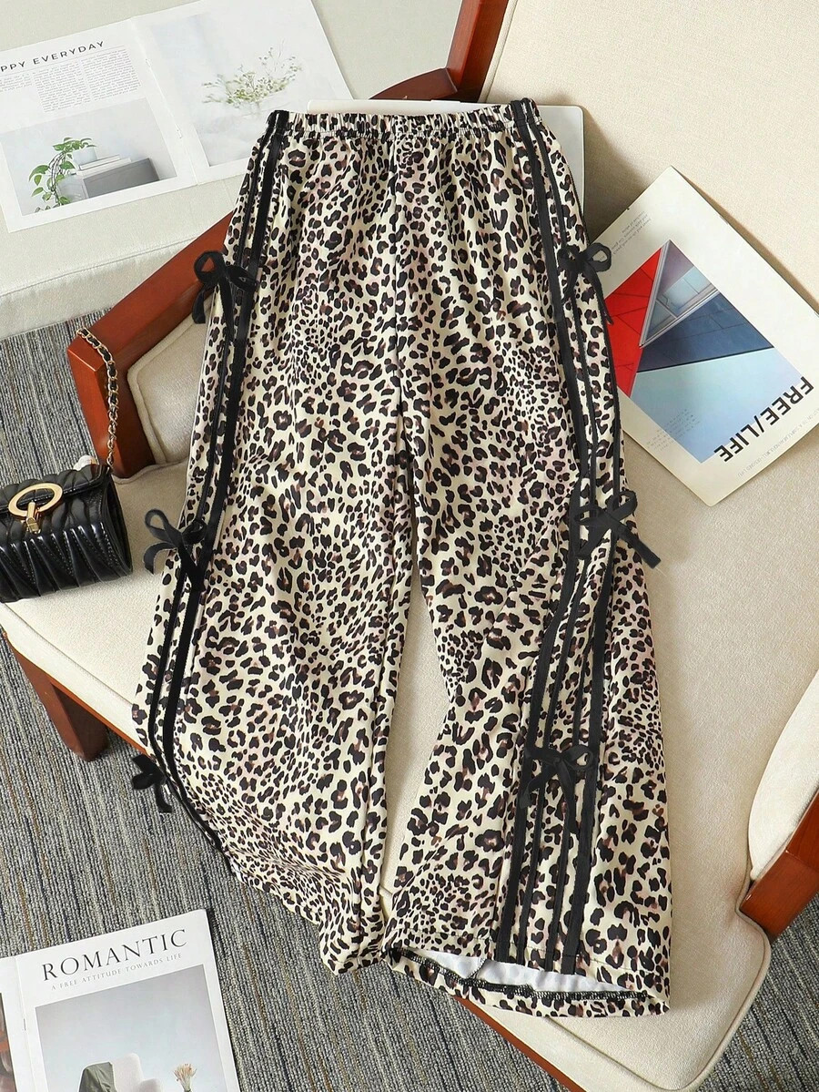Tween Girls' Casual Comfortable Fashion Leopard Print Side Drawstring Bow Decor Loose Wide Leg Pa... | SHEIN