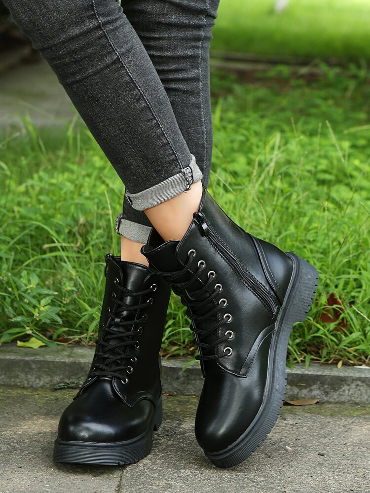 Lace-up Design Side Zipper Combat Boots | SHEIN