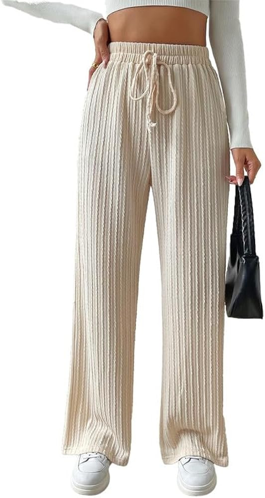 Women's Casual Pants Elastic High Waist Wide Leg Long Pant Solid Textured Rib Knit Trousers | Amazon (US)