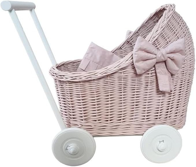 WIKLIBOX Pink Rattan Doll Stroller - Hand Made in Europe - Wicker Doll Pram, Baby Walker - Pink w... | Amazon (US)