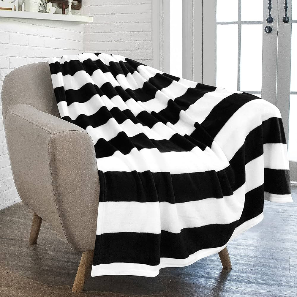PAVILIA Striped Throw Blanket for Sofa Couch | Soft Flannel Fleece Stripe Black and White Decorat... | Amazon (US)