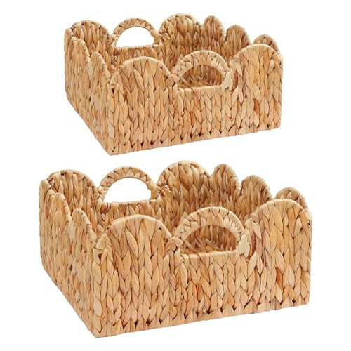 VILSSOVY Scalloped Basket, 2 Packs Hyacinth Storage Baskets for Storage, Woven Water Hyacinth Scallop Baskets with Handles, Decorative Basket for Bedroom, Living Room(11.41"x5.75";9.45"x5") | Amazon (US)