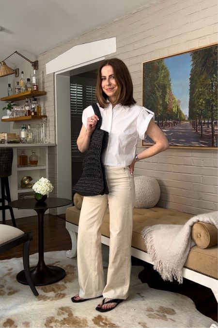 1 outfit, styled 3 ways spring outfit — Hebron white cropped button up top, AYR ecru jeans (old), tote bag, black a.emery thong sandal

#LTKstyletip #LTKSeasonal