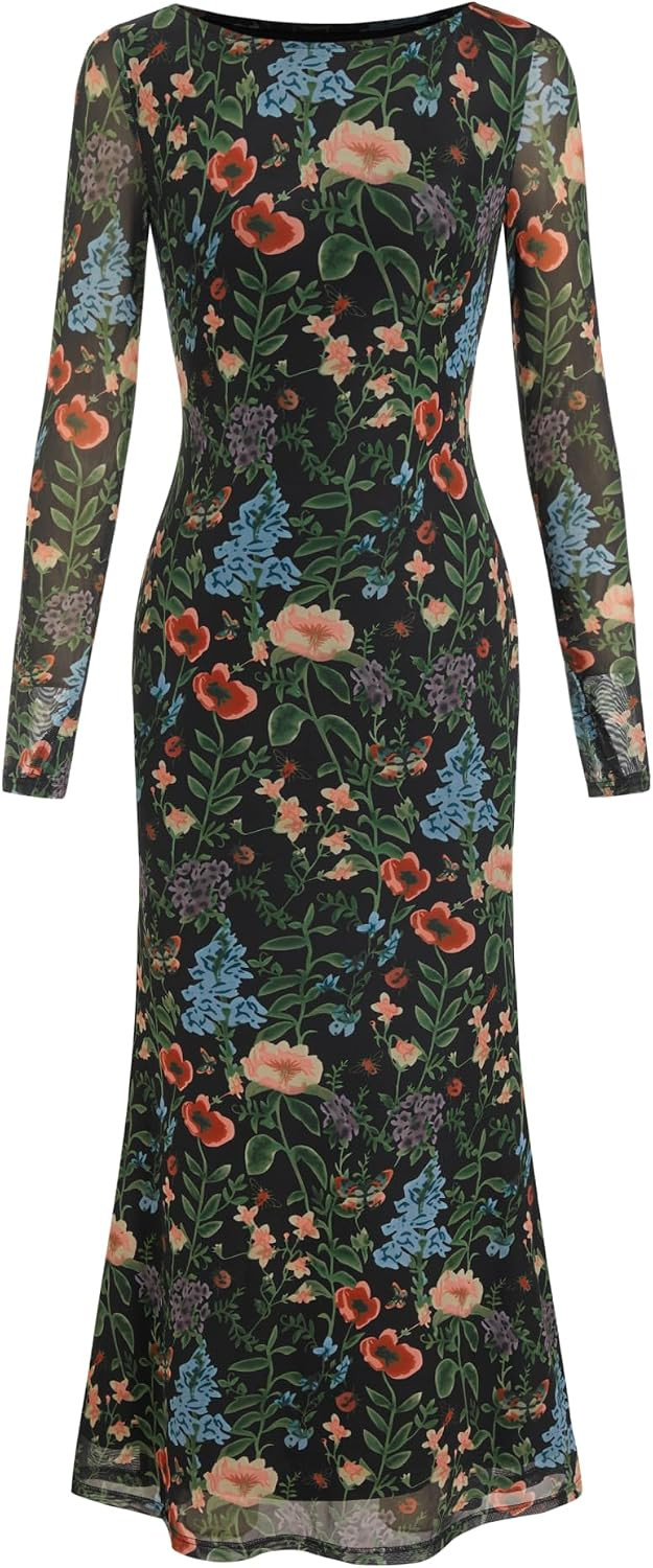 CIDER Floral Wedding Guest Dress for Women Mesh Long Sleeve Maxi Dress | Amazon (US)