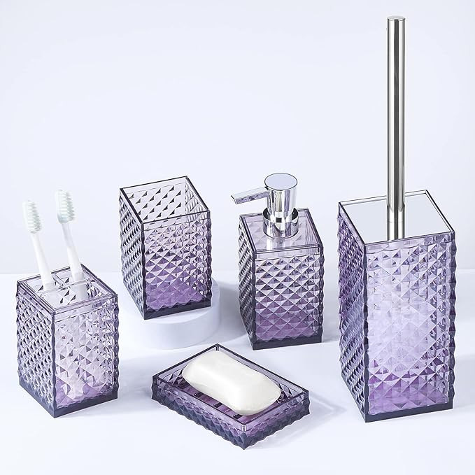 Purple Bathroom Accessories Set, 6 pcs Acrylic Bathroom Decor Gift Set - Toothbrush Holder, Tooth... | Amazon (US)