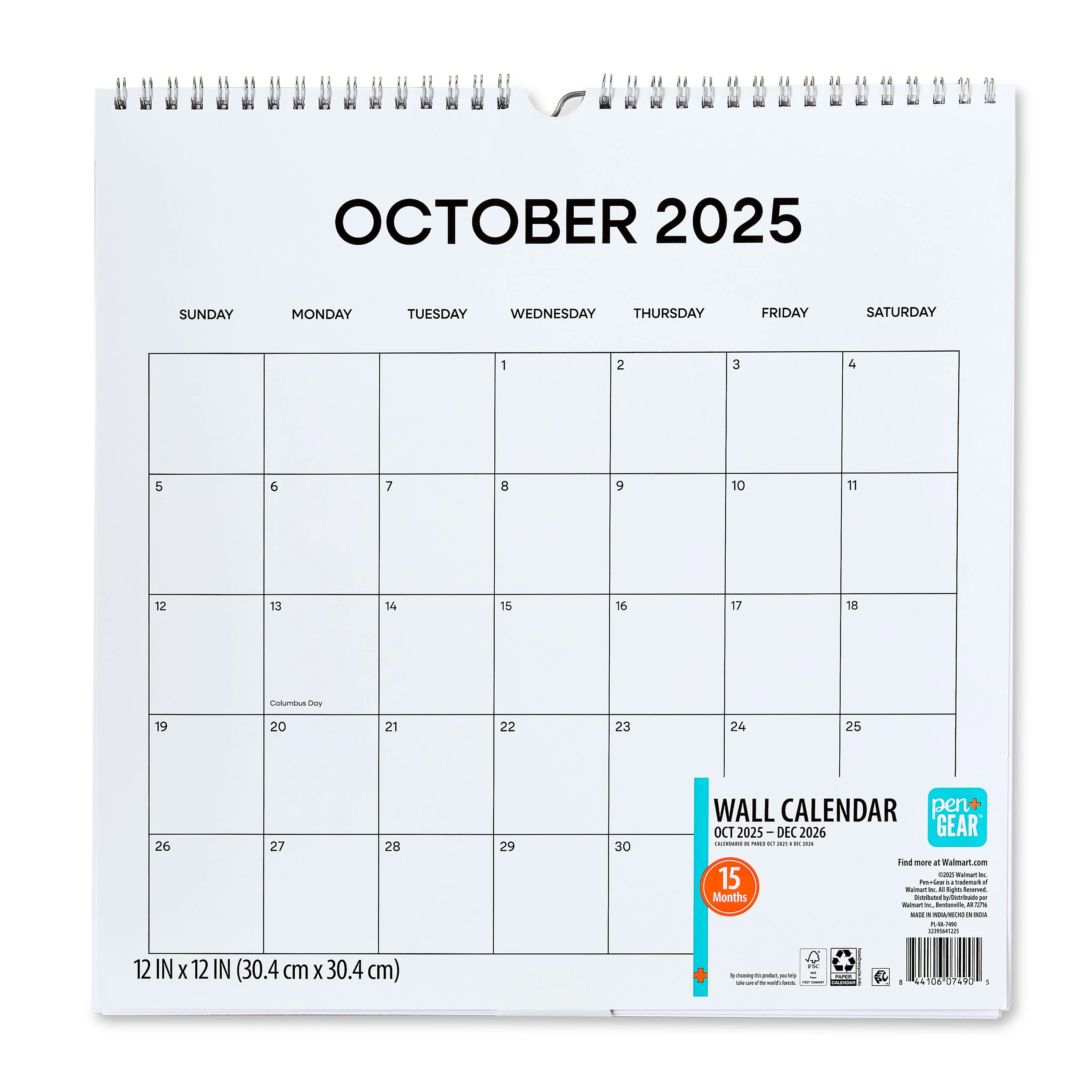 Pen+Gear 15-Month Spiral Wall Calendar, Black and White, 12" x 12", October 2025-December 2026 | Walmart (US)
