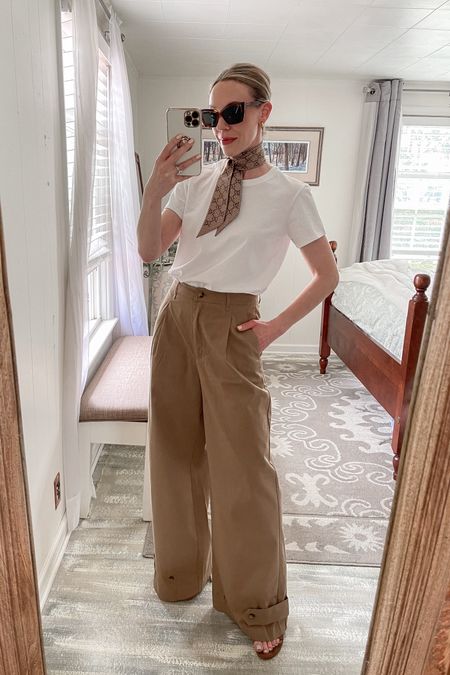 White tee with silk neck scarf and wide leg utility pants 

#LTKfindsunder100 #LTKxMadewell #LTKworkwear