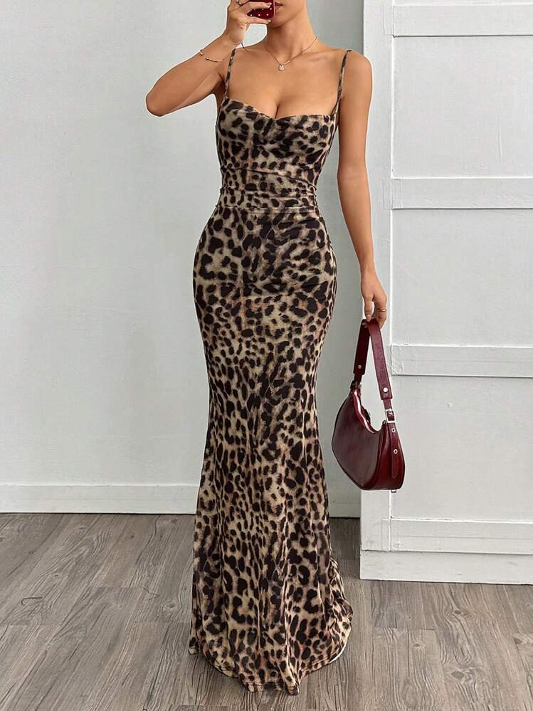 SHEIN EZwear Women's Long Casual Dress, Simple Fashion Leopard Print Strap, Daily Wear | SHEIN