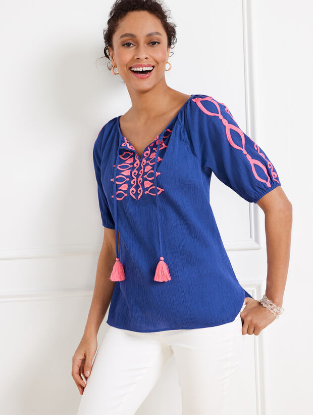 Crinkle Gauze Embroidered Top | Talbots