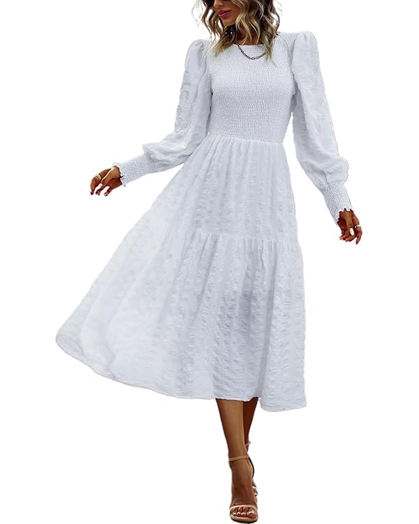 PRETTYGARDEN Women 2024 Puff Long Sleeve Crewneck Smocked Maxi Dress Solid Empire Waist Tiered A-... | Amazon (US)