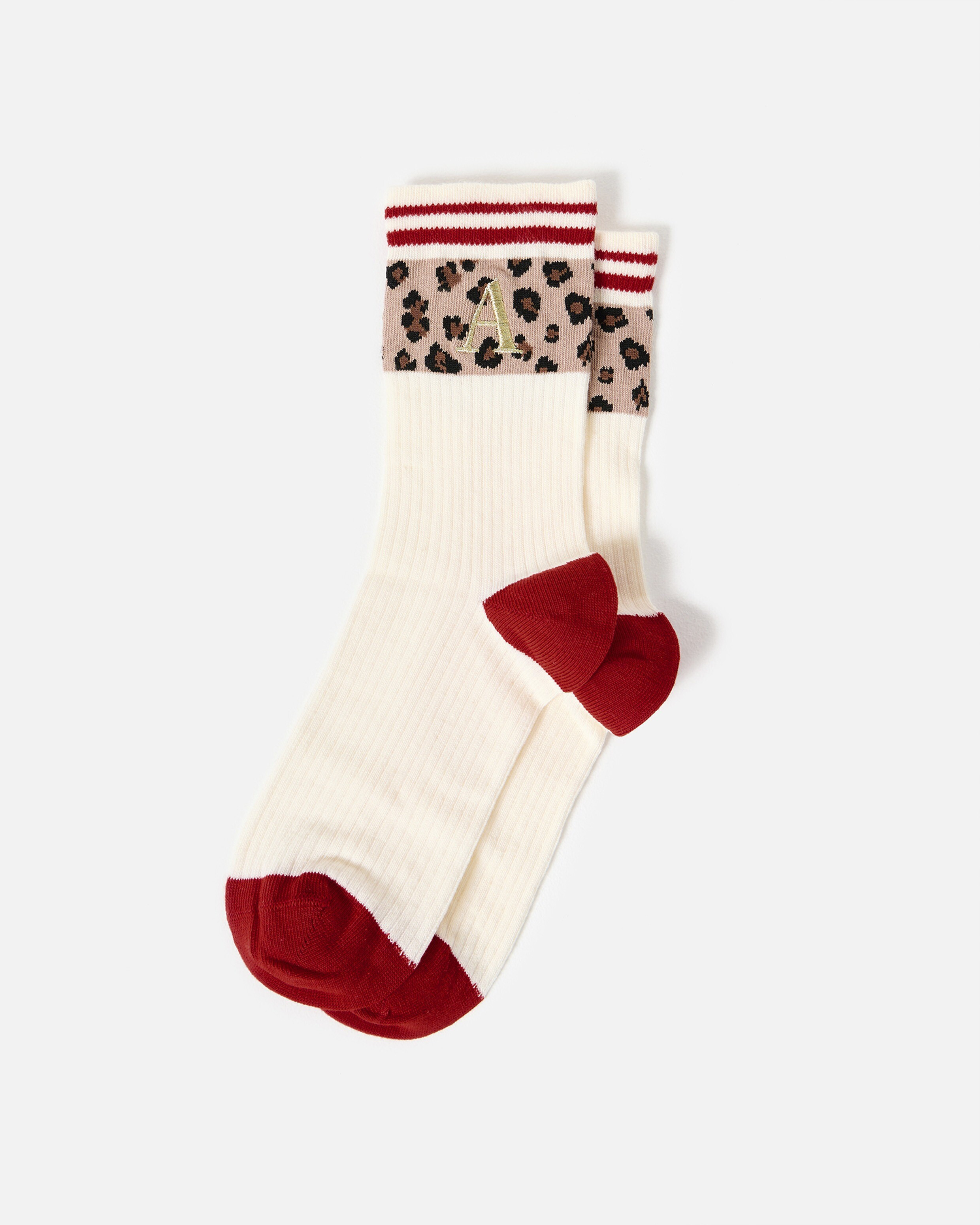 Cream & Burgundy Leopard Print Alphabet Sporty Initial Socks | Oliver Bonas (Global)