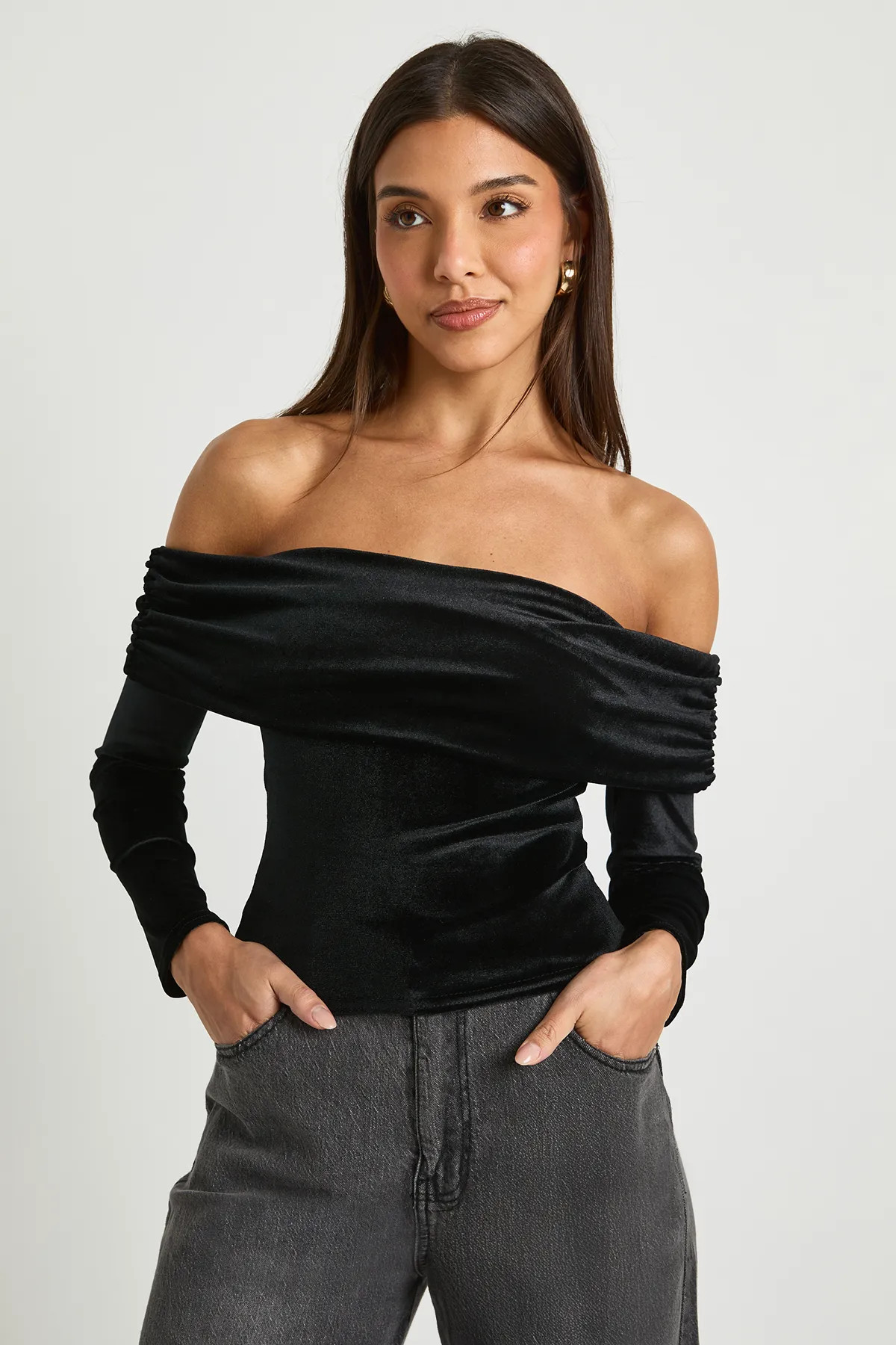 Velvet Foldover Bardot Top | Boohoo.com (UK & IE)