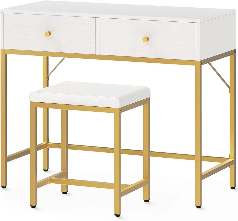 SUPERJARE 35.4" White and Gold Desk with 2 Drawers, Modern Makeup Vanity Desk with Padded Stool, ... | Amazon (US)