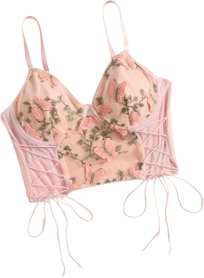 SweatyRocks Women's Embroidery Lace Up Crop Cami Top Spaghetti Strap Fitted Camisole Crop Tops | Amazon (US)