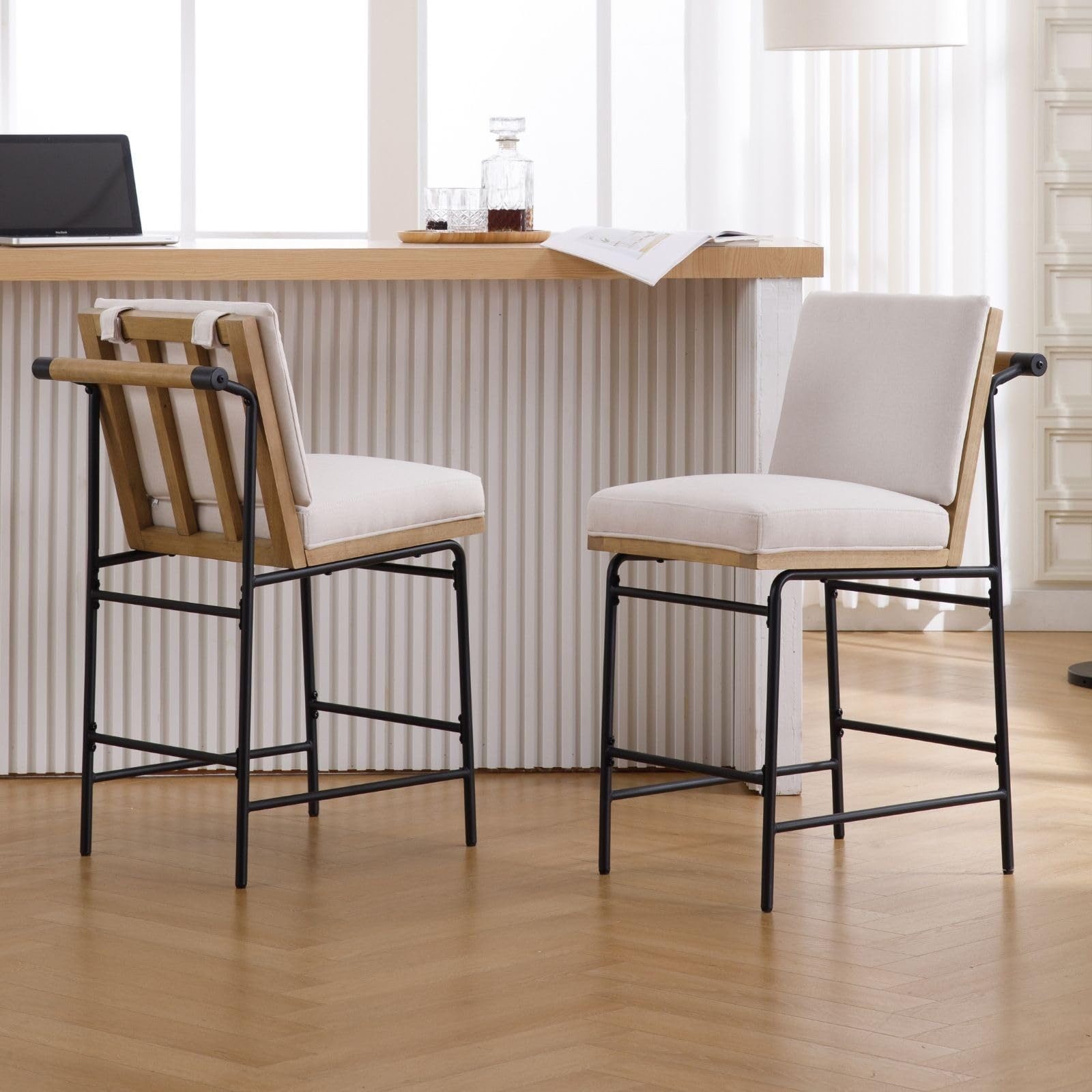 LukeAlon Linen Counter Stools Set of 2, Modern Upholstered 26" Seat Height Bar Stools with Rear H... | Amazon (US)