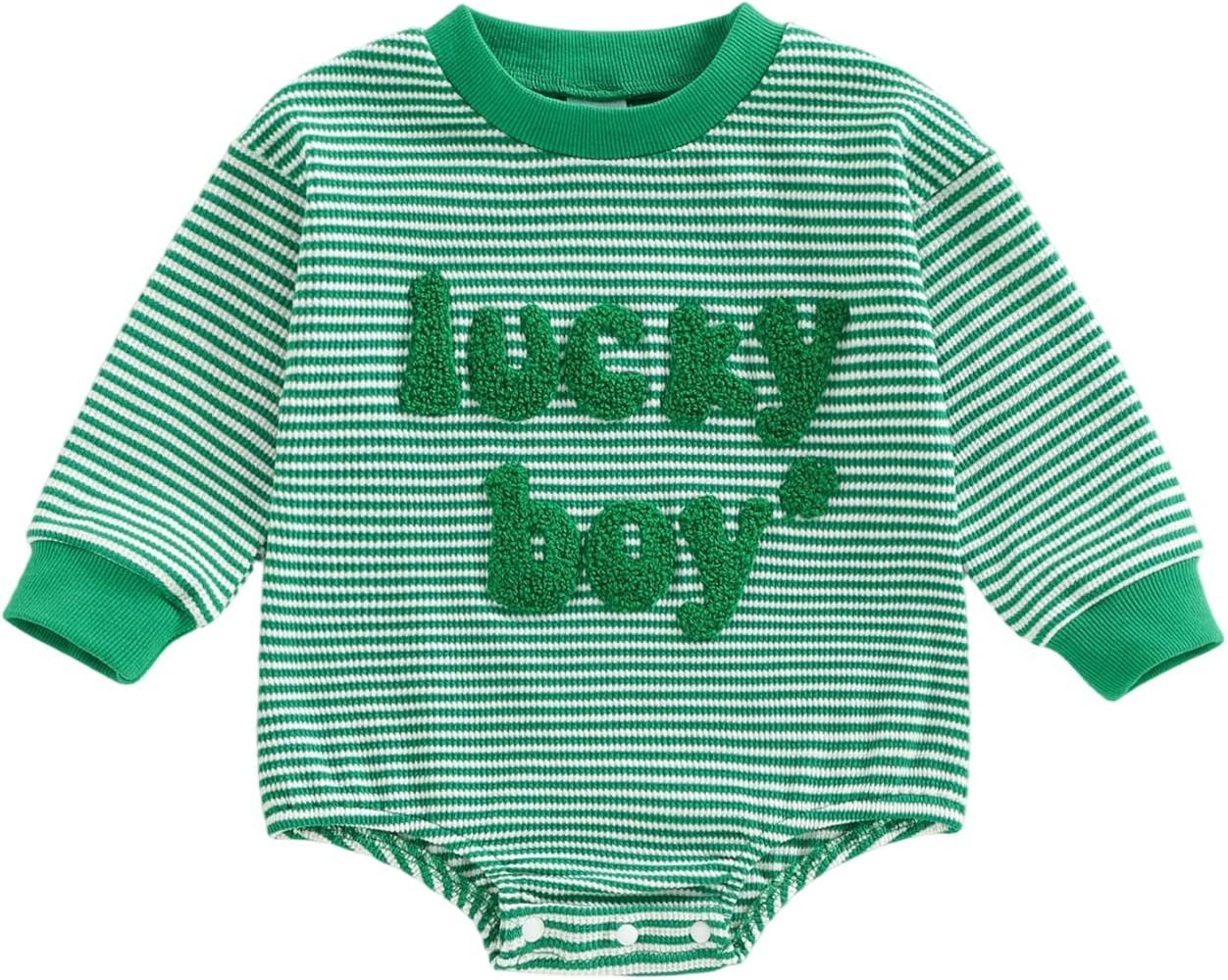 Newborn Baby St Patrick’s Day Outfit Boys Embroidery Waffle Knit Romper Sweatshirt Striped Long... | Amazon (US)