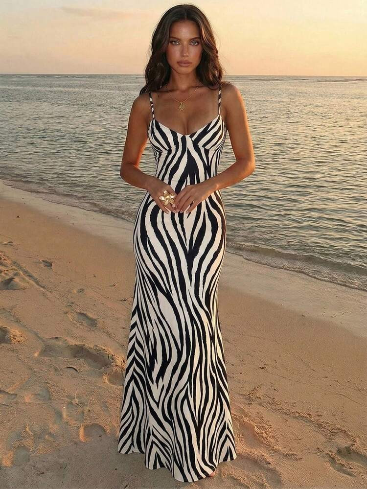 Aloruh Vintage Zebra Print Spaghetti Strap Bodycon Sexy Dress For Women, Suitable For Spring/Summer Vacation,Dresses For Women Summer | SHEIN