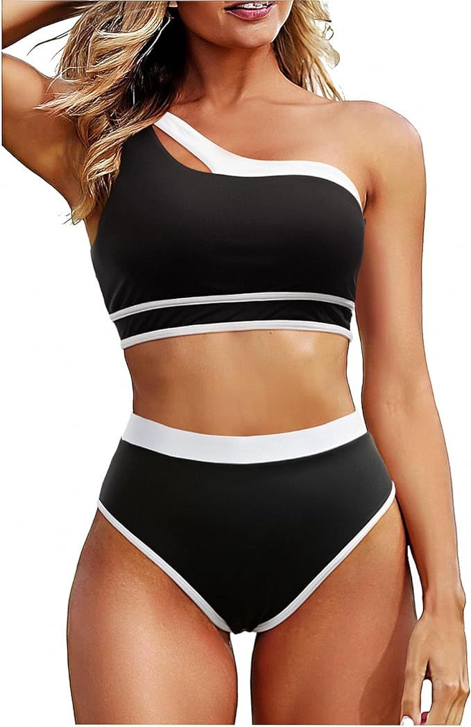 Tempt Me Women One Shoulder High Waisted Bikini Color Block Two Piece Swimsuits Cutout 2 Piece Ba... | Amazon (US)