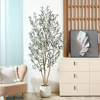 Faux Olive Tree, 7ft Tall Olive Trees Artificial for Indoor with Natural Wood Trunk and White Cer... | Amazon (US)