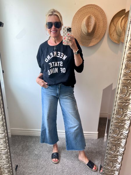Saturday style 

Kut from the Kloth Meg jeans 
Fit tts and a favorite for the last 3 years
Light weight denim 

Quay sunnies 

Old navy light weight sweatshirt

Quilted slides (old) linked similar 

Silver hoops lipsrain city beauty Matt 

#LTKSaleAlert #LTKStyleTip #LTKFindsUnder100