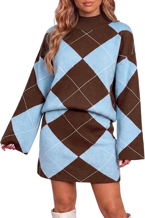 Wenrine Womens 2 Piece Outfits Argyle Casual Loose Fall Sweater Skirt Sets | Amazon (US)