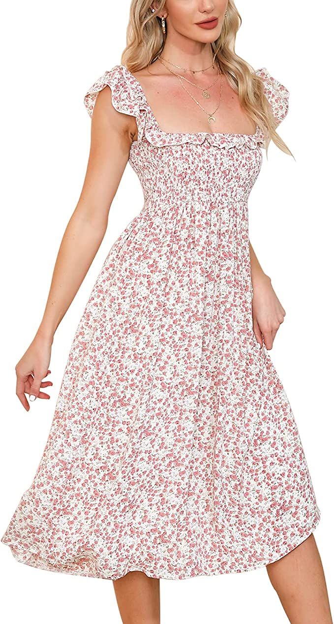 EXLURA Women's Sleeveless Dress Square Neck Floral Print High Waist A-line Ruffle Smocked Backles... | Amazon (US)