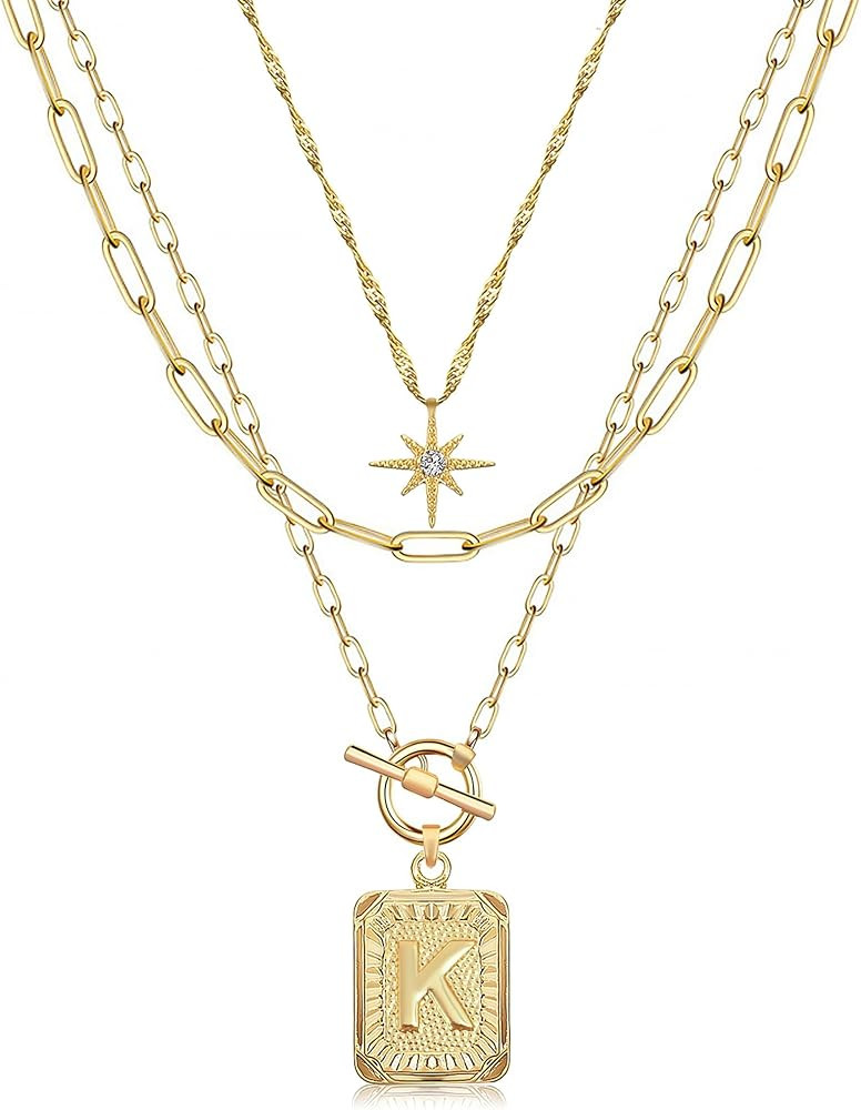 MJartoria Layered Initial Necklaces for Women Trendy, 14K Gold Plated Simple Star Choker Square L... | Amazon (US)