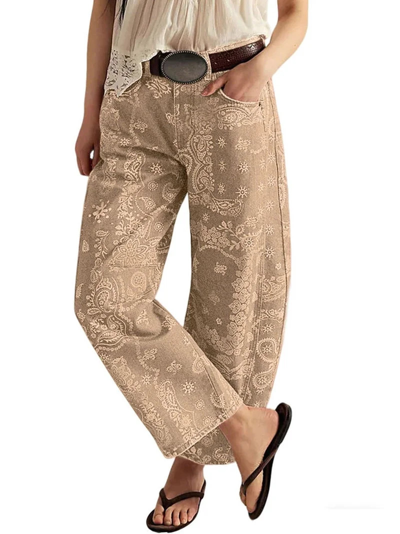 sicmoss Women Y2K Mid Rise Khaki Barrel Denim Jeans Vintage Bandana Paisley Pattern Casual Loose ... | Walmart (US)