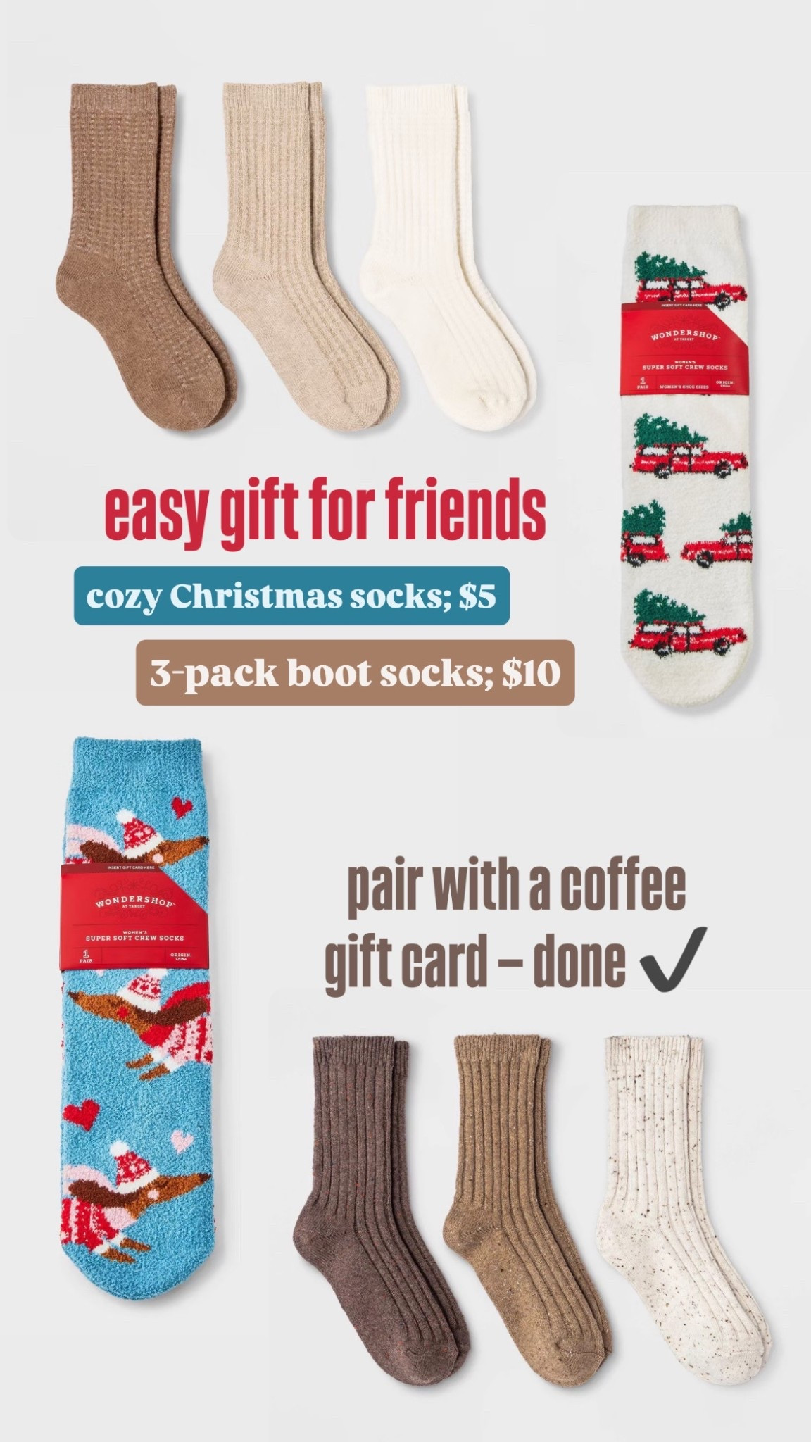 Super easy gift for girlfriends on a budget! Cozy socks + coffee gift card, done! These boot socks are so cute and $10 for 3!



#LTKGiftGuide #LTKootd #LTKHoliday