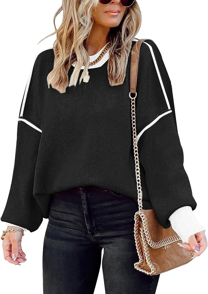 ETCYY Womens Oversized Sweaters Fall 2025 Fashion Clothes Trendy Batwing Sleeve Colorblock Stripe... | Amazon (US)