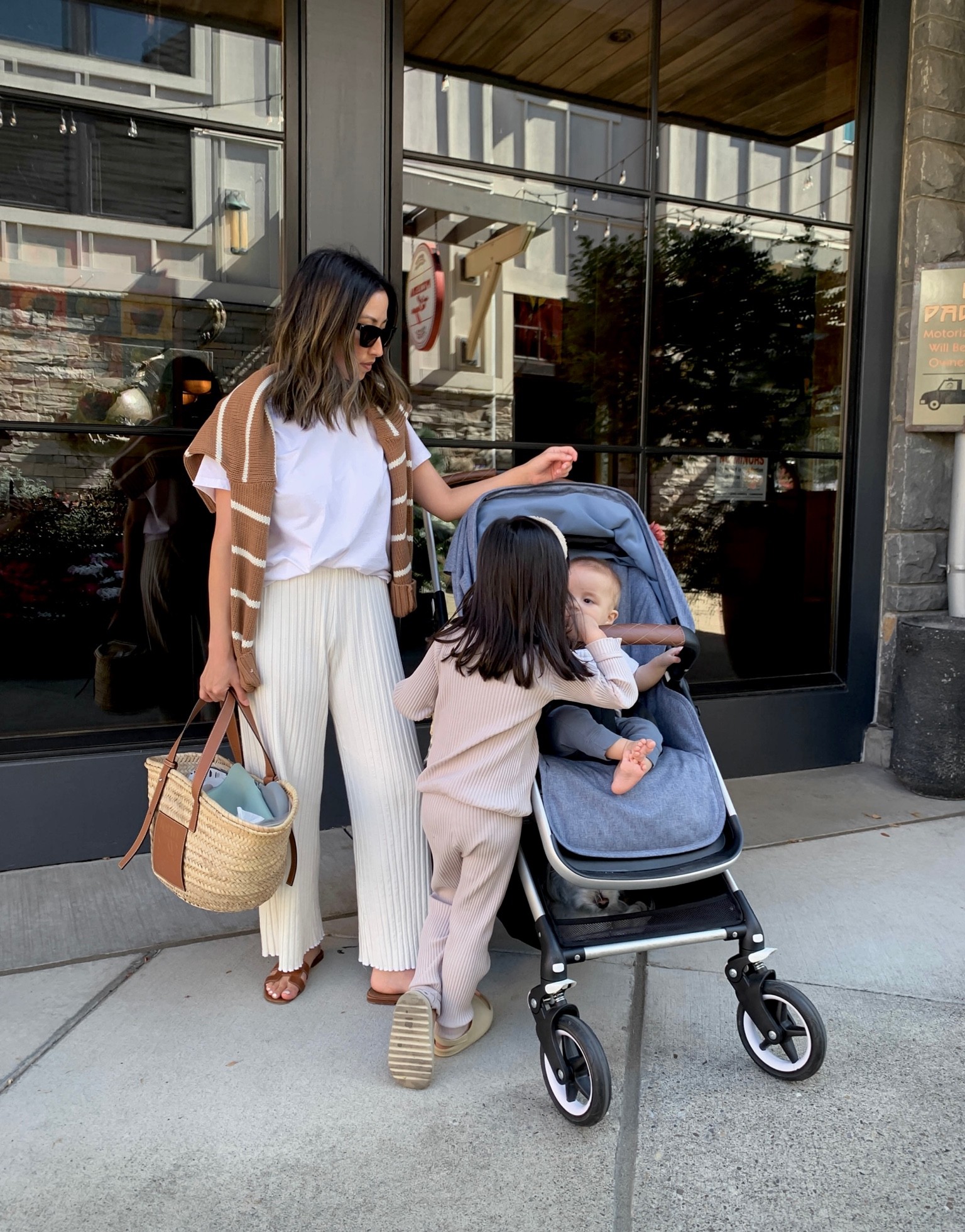 Mom-on-duty outfit. 

Tee - Everlane medium
Sweater - Jenni Kayne xs. But need the xxs
Pants - Simon Miller xs
Sandals - Hermès 35
Tote - Loewe 
Sunglasses - YSL 