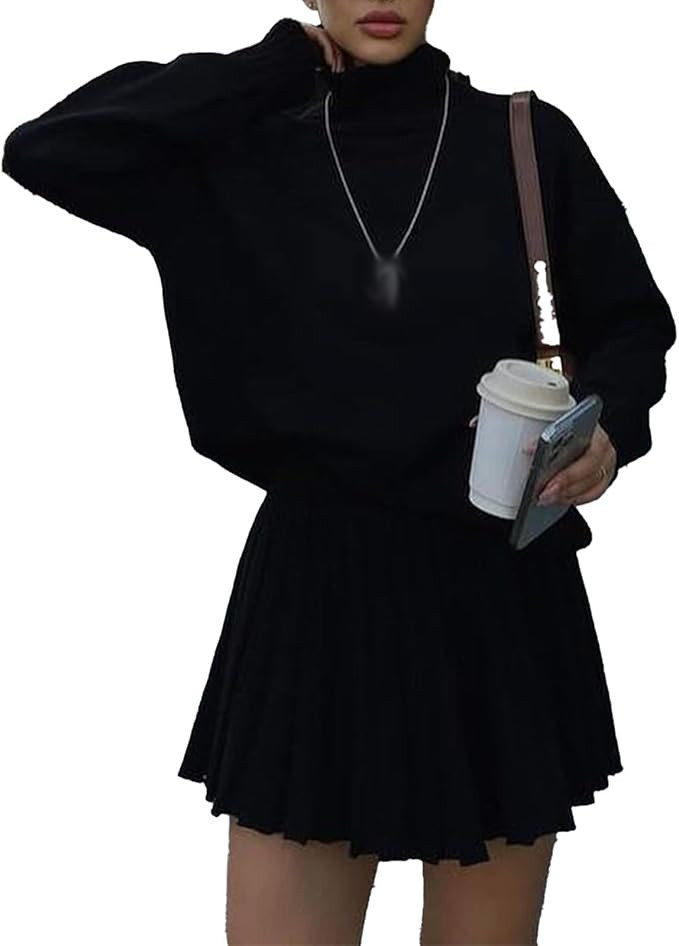 Mandonce Skirt Sets Women 2 Piece Outfits Turtleneck Oversized Sweater Sweatshirt and Pleated Min... | Amazon (US)