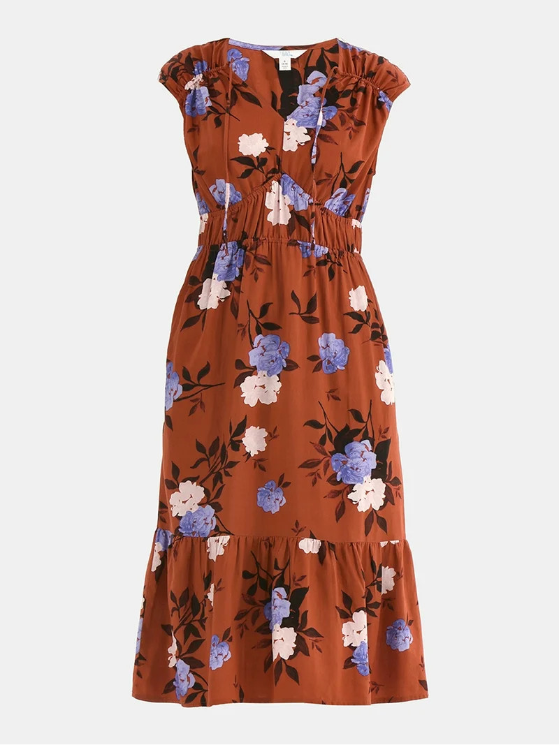 Time and Tru Women's V-Neck Midi Dress, Sizes XS-XXXL | Walmart (US)