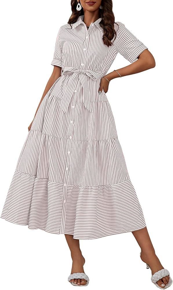 ebossy Women's Boho Striped Shirt Dress Button Down Belted Flowy Ruffles Loose A Line Maxi Long D... | Amazon (US)