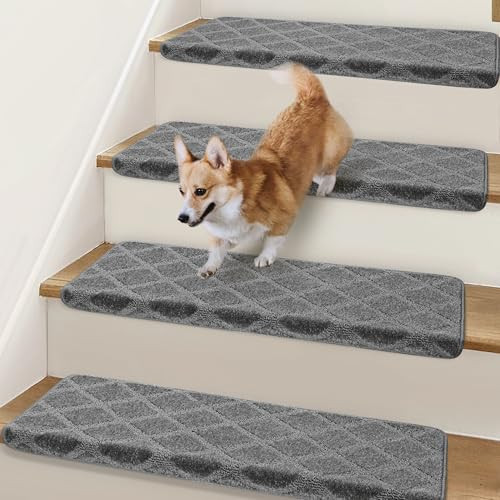 Bullnose Stair Treads Non Slip 9.5" x 30", 14 Pcs Carpet Stair Treads for Wooden Steps Indoor with Edge Protection, Reusable Peel and Stick TPU Backing Stair Runner Rugs - Diamond Pattern Grey | Amazon (US)