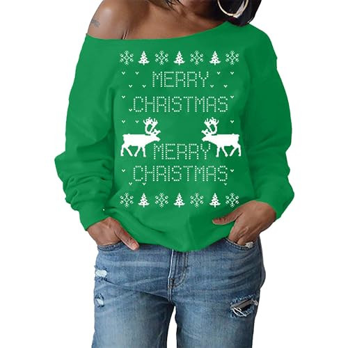 Taiduosheng Christmas Sweatshirts for Women Cute Merry Christmas Graphic Long Sleeve off shoulder Shirt Xmas Holiday Party Pullover Blouse L Green | Amazon (US)